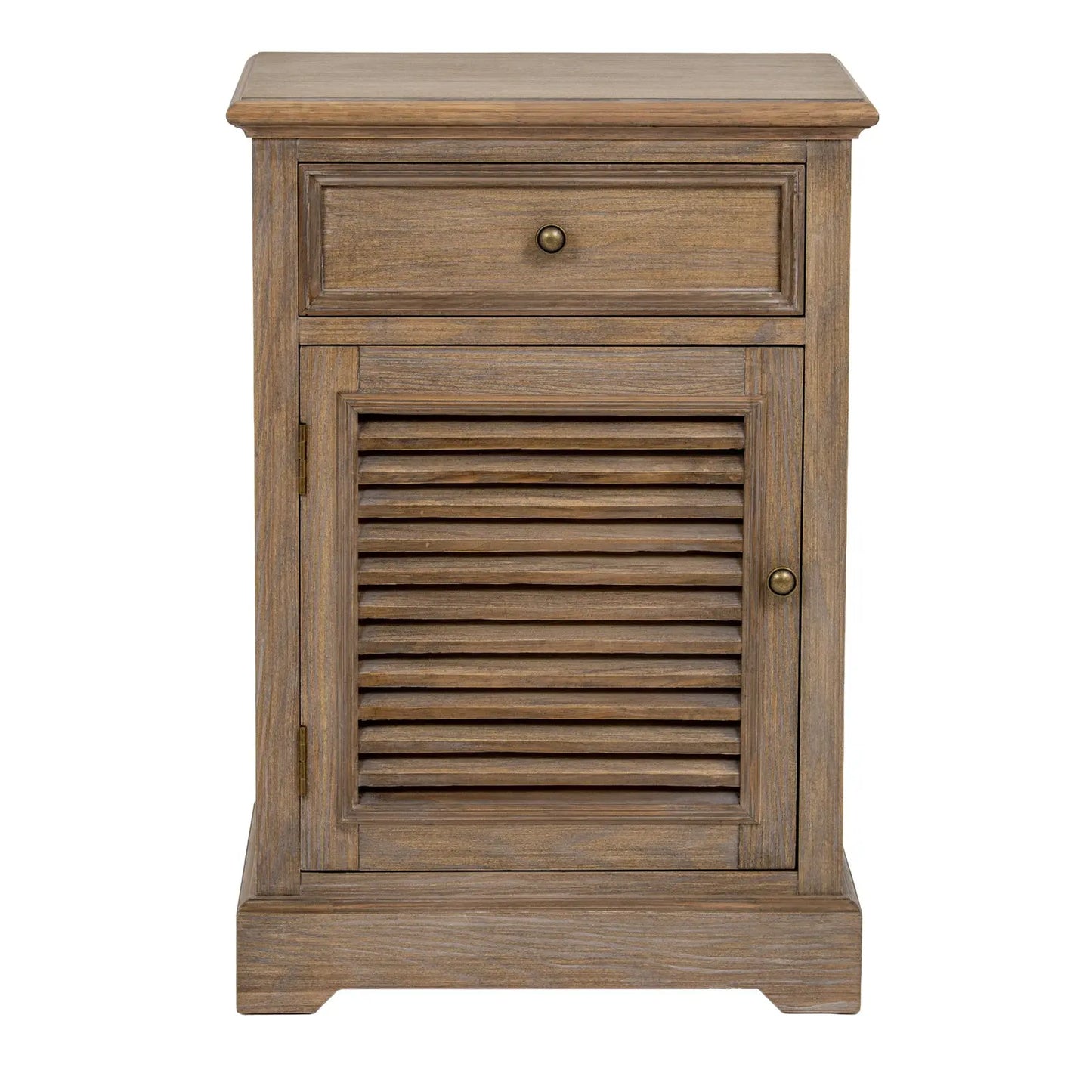 Wooden nightstand with a drawer and shutter door on a white background