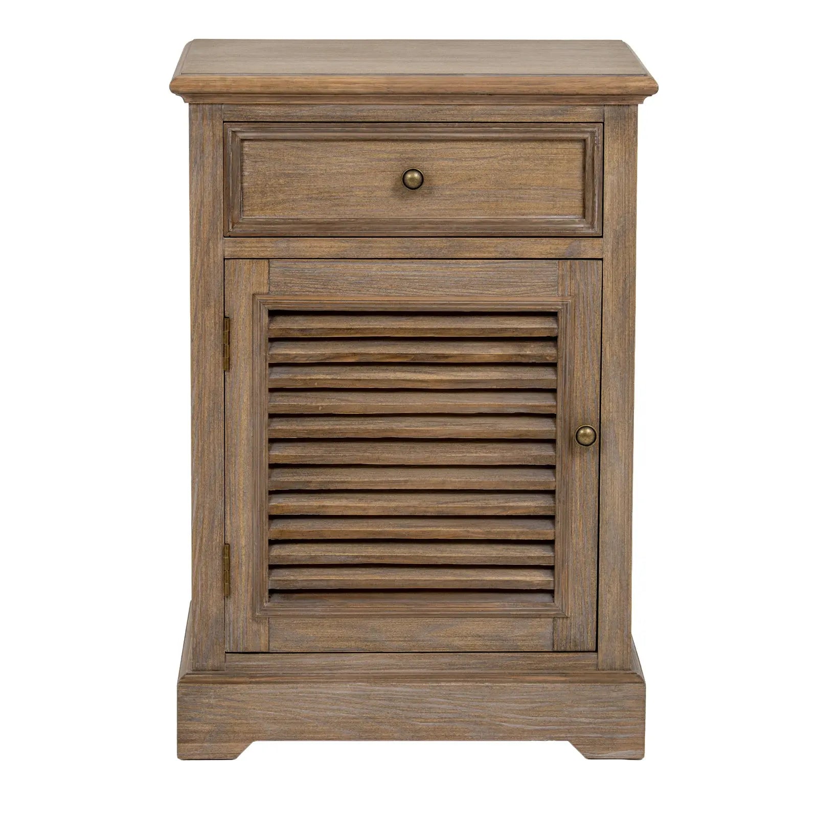 Wooden nightstand with a drawer and shutter door on a white background