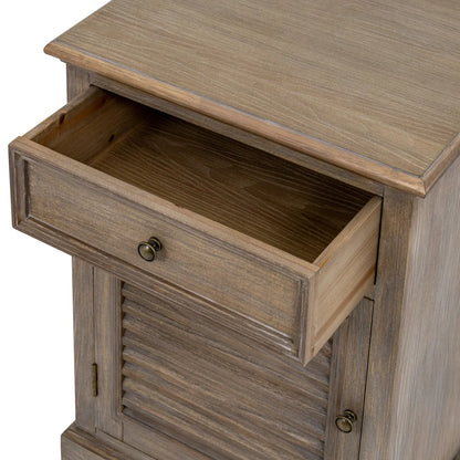 Wooden side table with an open drawer and closed shutter door.