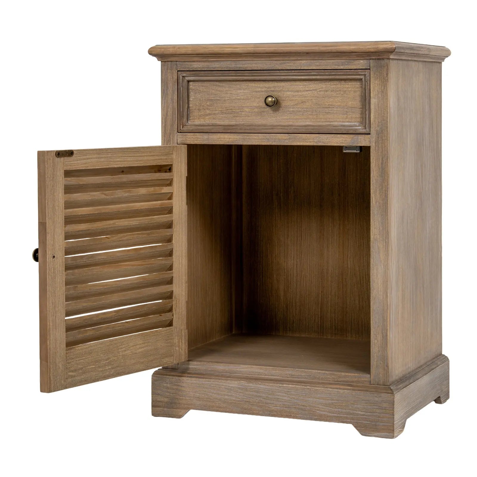 Wooden side table with a drawer and open shutter door on a white background
