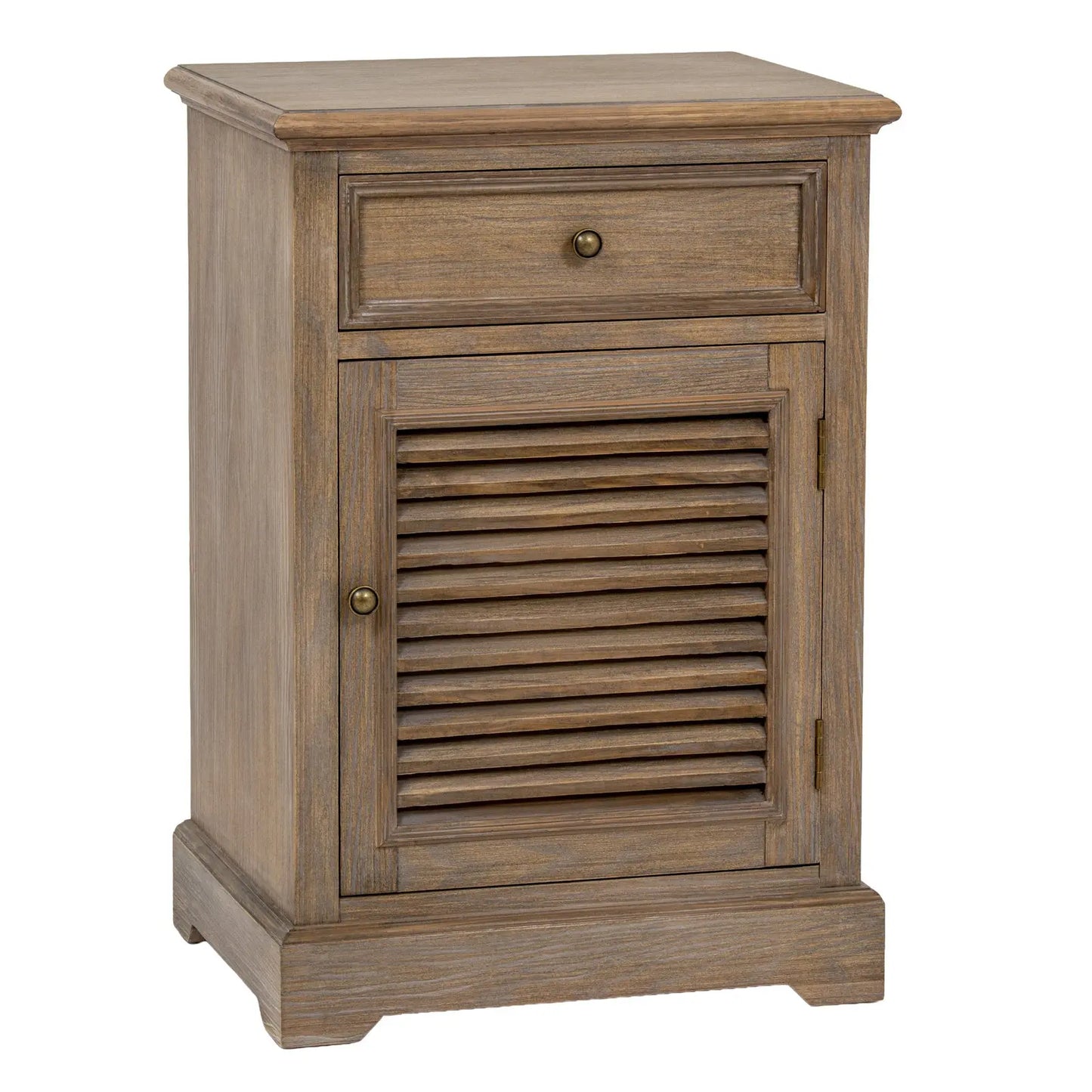 Wooden nightstand with a drawer and shutter door on a white background