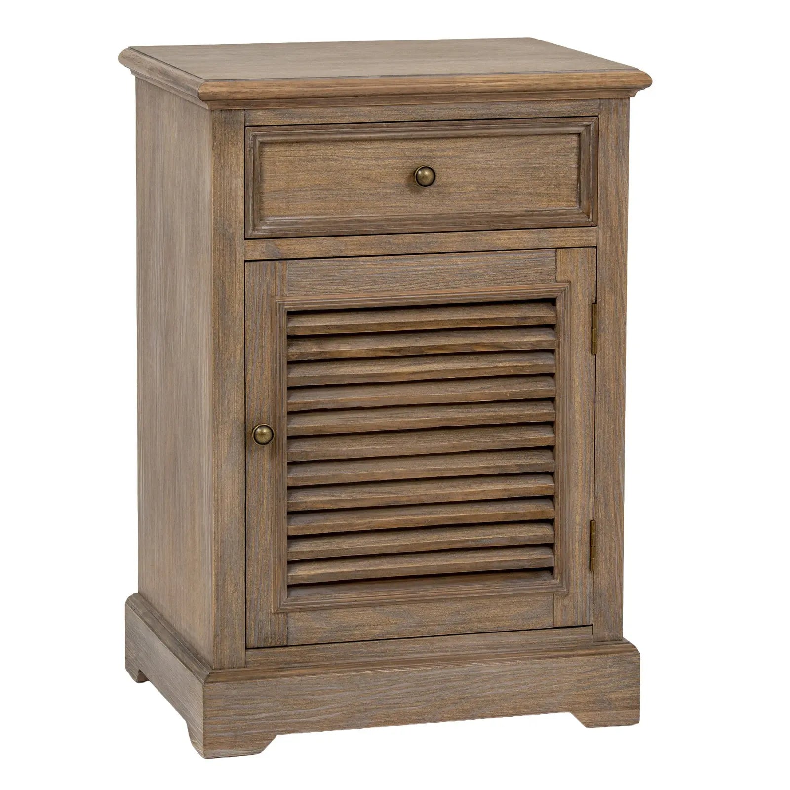 Wooden nightstand with a drawer and shutter door on a white background