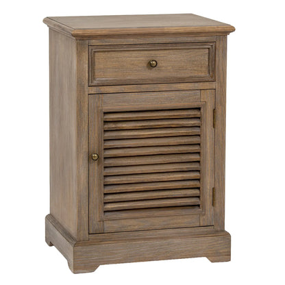 Wooden nightstand with a drawer and shutter door on a white background