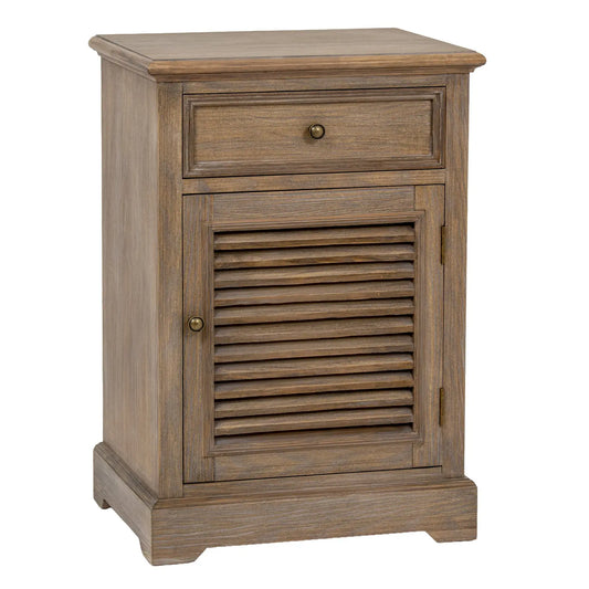 Wooden nightstand with a drawer and shutter door on a white background
