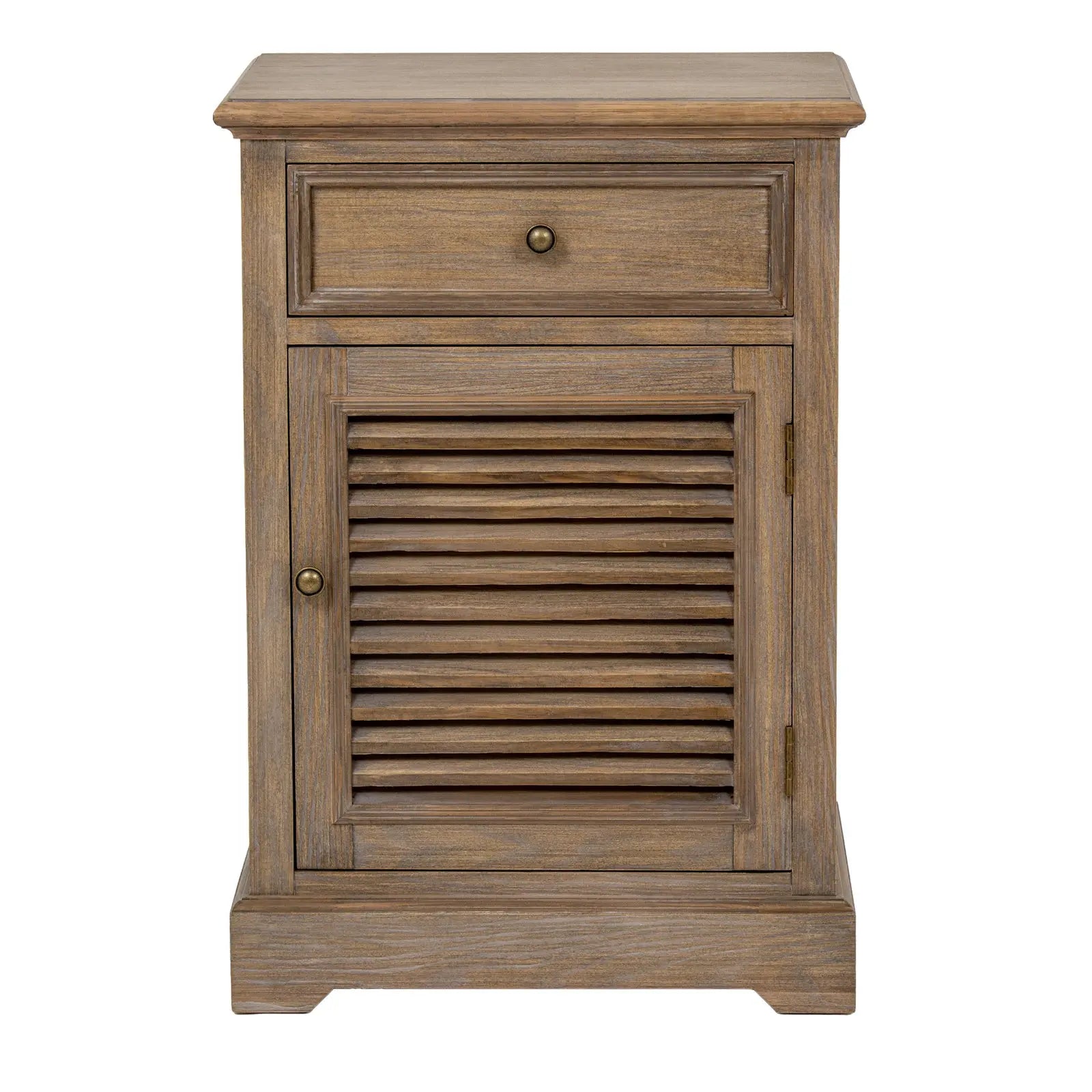 Wooden nightstand with a drawer and shutter door on a white background