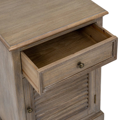 Wooden side table with an open drawer on a white background