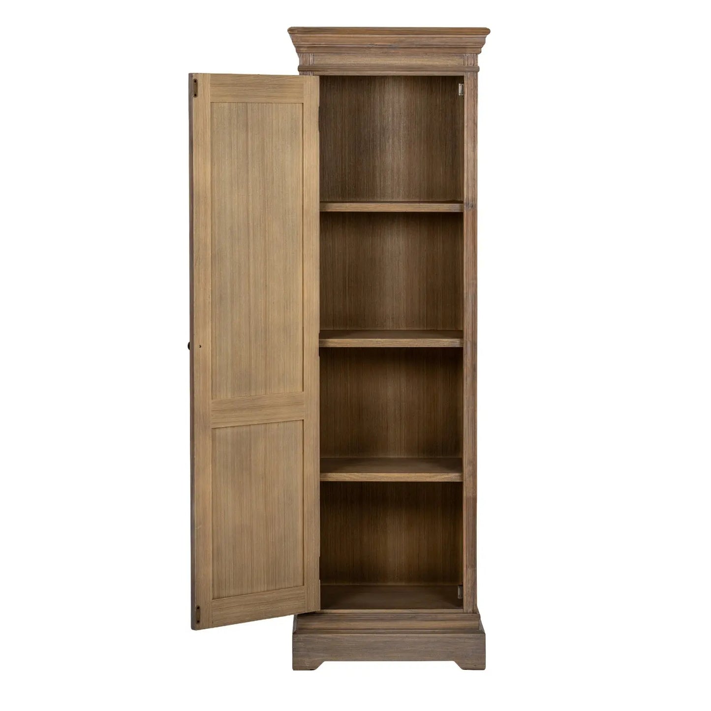 Wooden cabinet with open door on a white background
