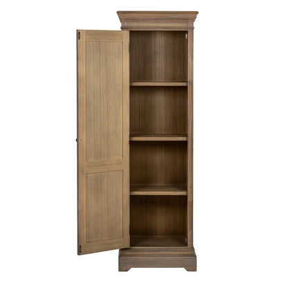 Wooden cabinet with open door on a white background