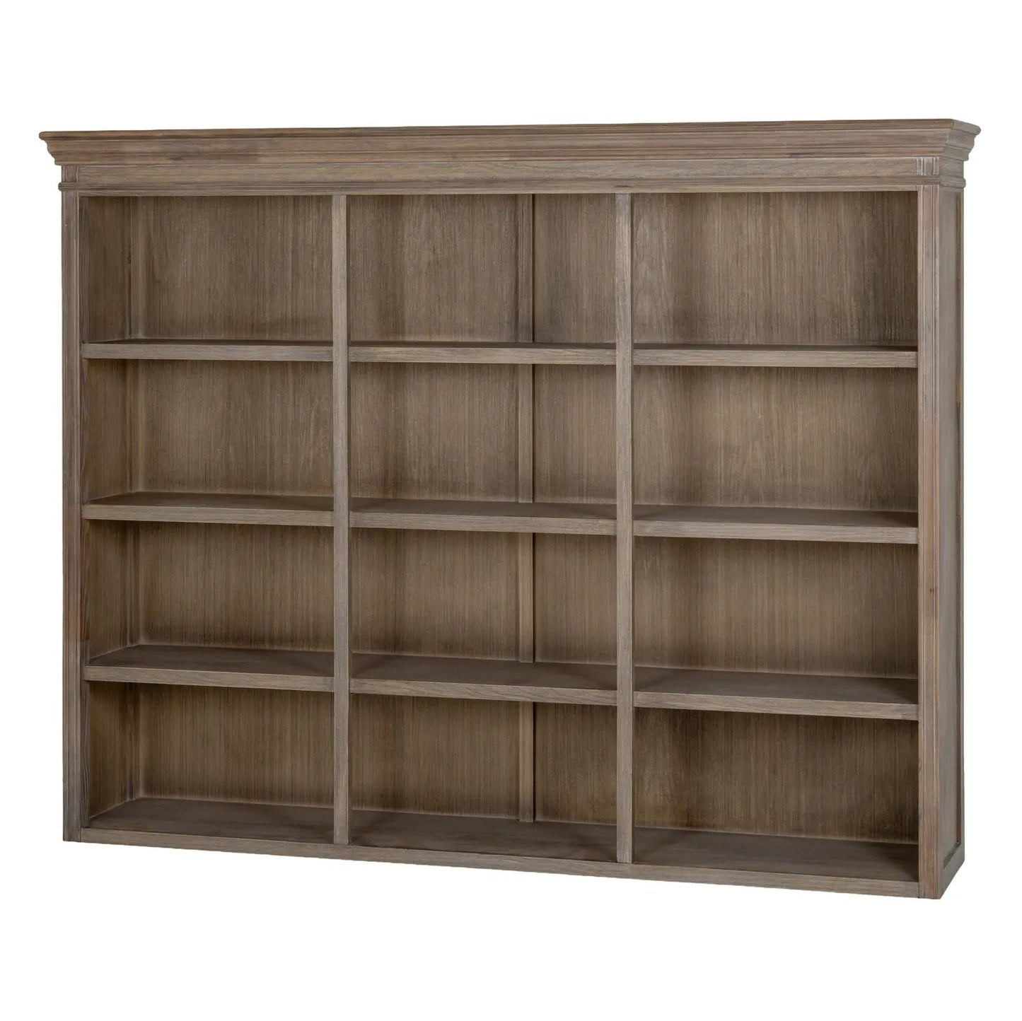 Wooden bookshelf with multiple shelves on a white background