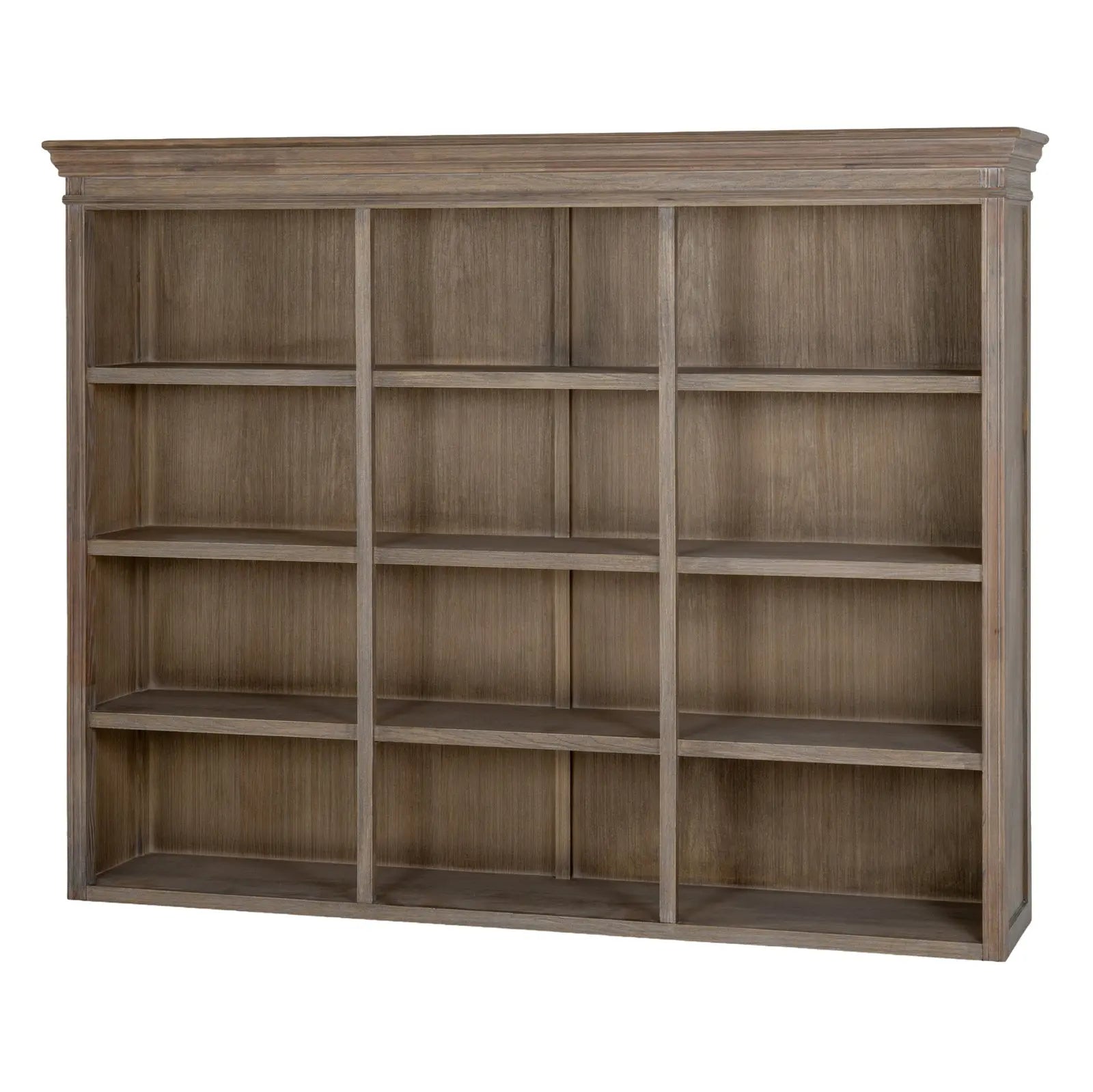 Wooden bookshelf with multiple shelves on a white background