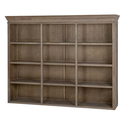 Wooden bookshelf with multiple shelves on a white background
