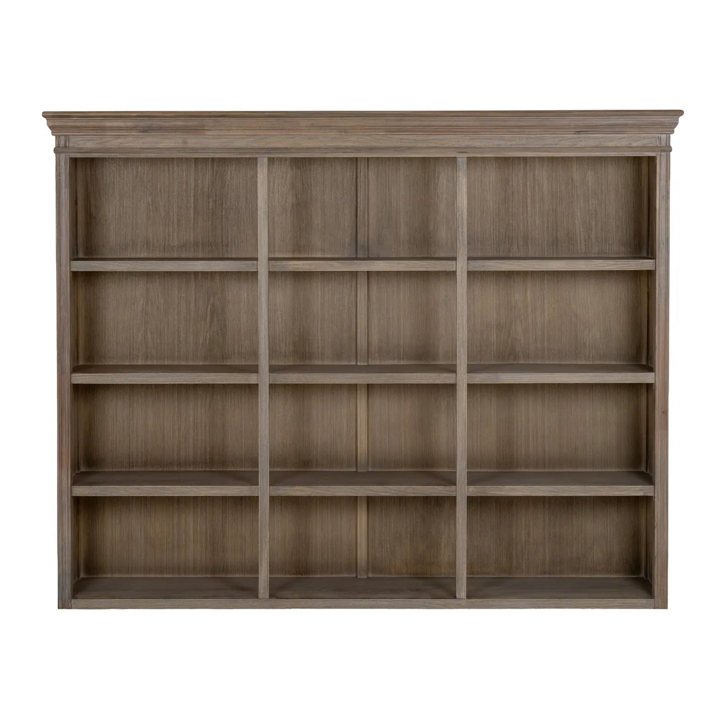Wooden bookshelf with multiple shelves on a white background