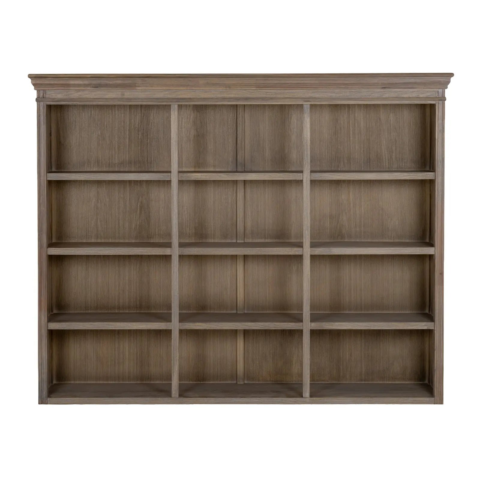 Wooden bookshelf with multiple shelves on a white background