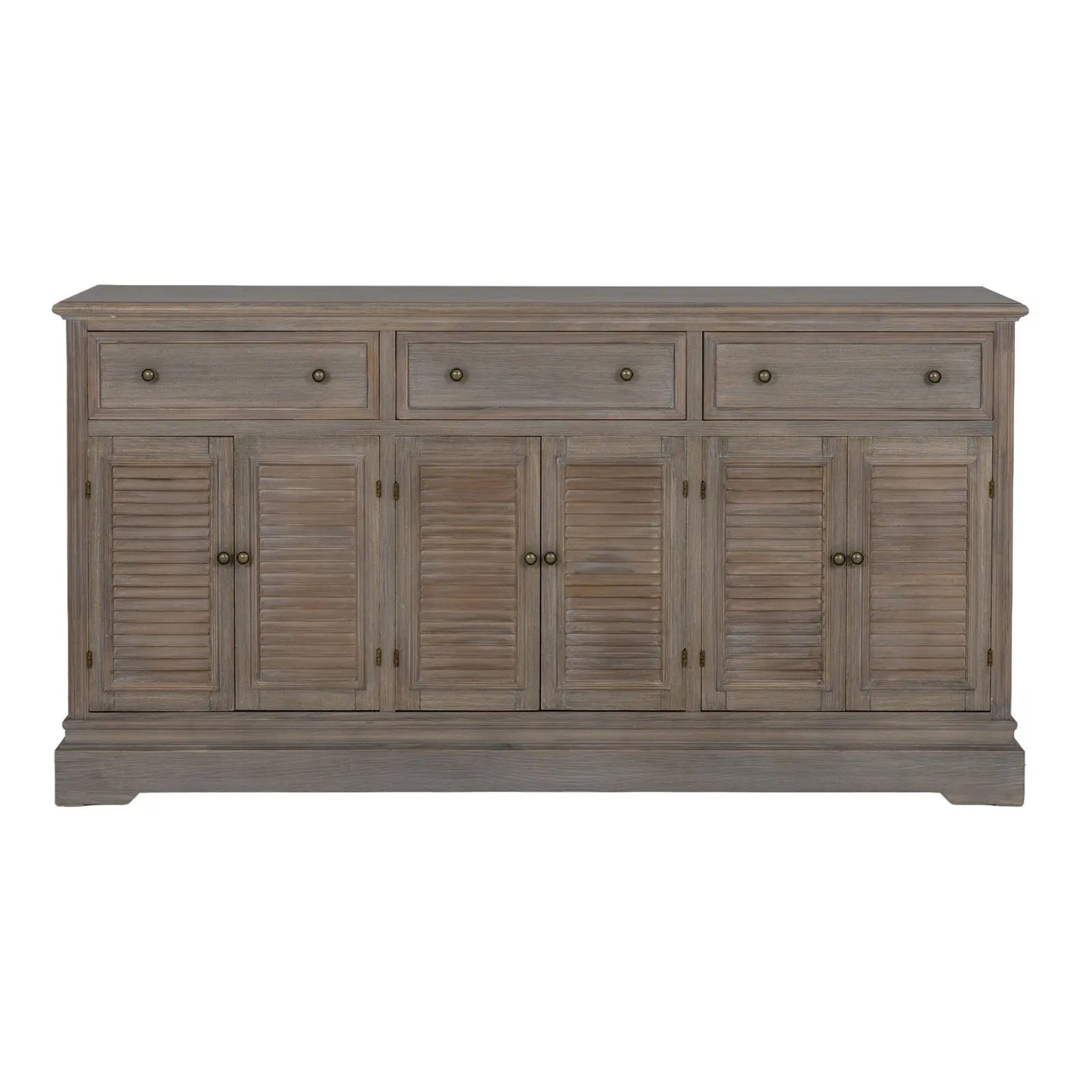 Wooden sideboard with shutters and drawers on a white background