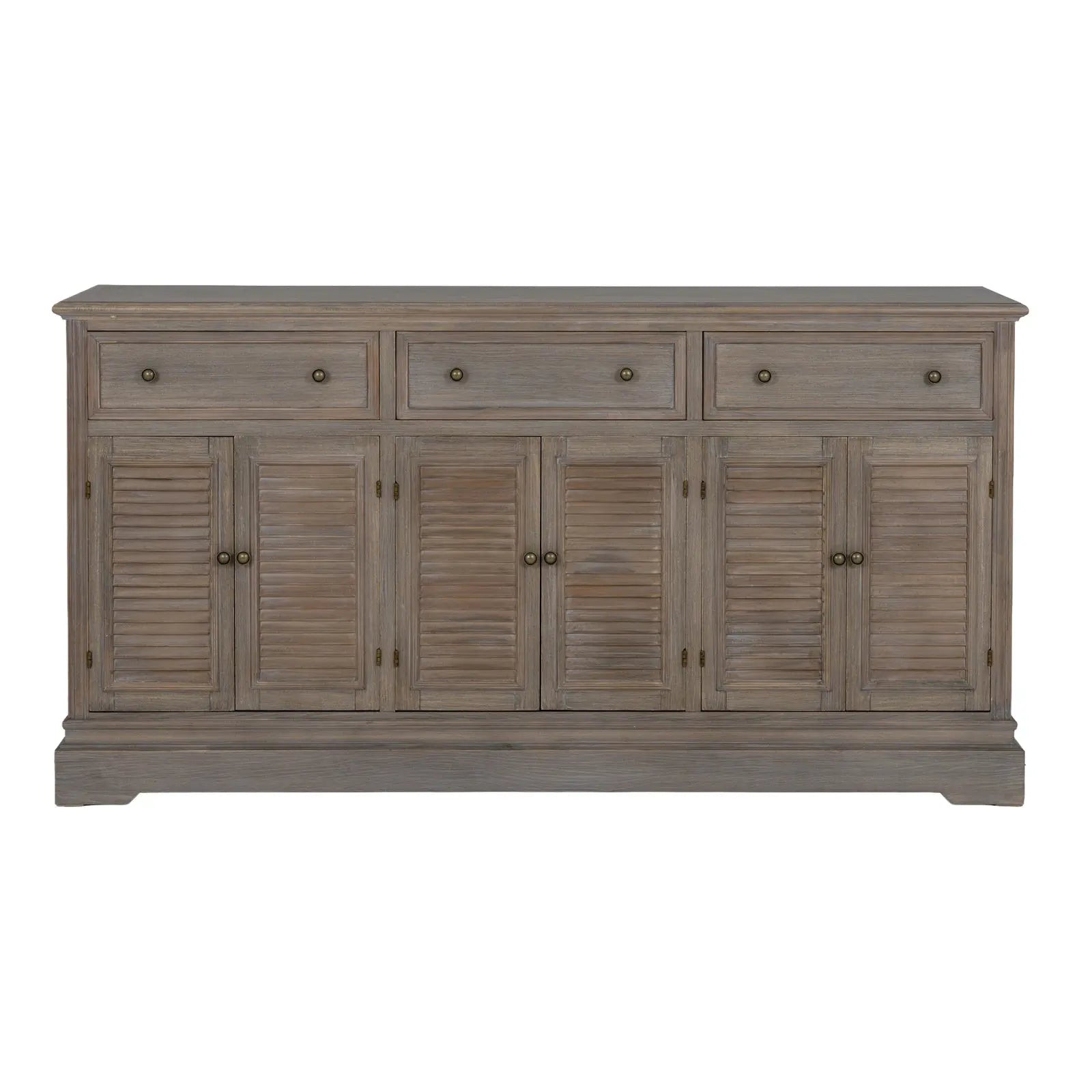 Wooden sideboard with shutters and drawers on a white background