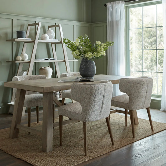 Dining room with wooden table and chairs, bookshelf, and large window.