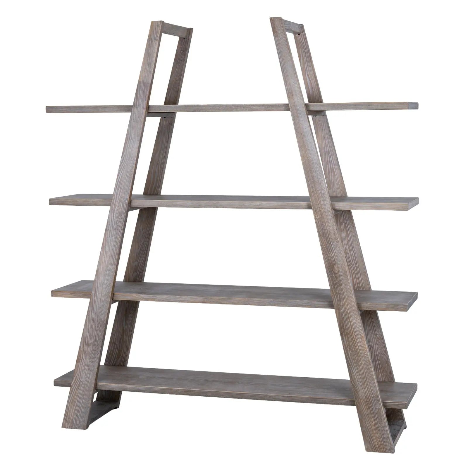 Wooden ladder shelf with multiple shelves on a white background