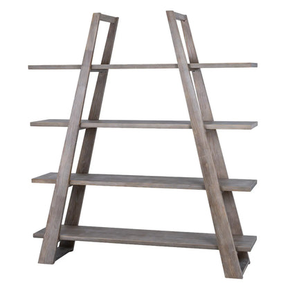 Wooden ladder shelf with multiple shelves on a white background