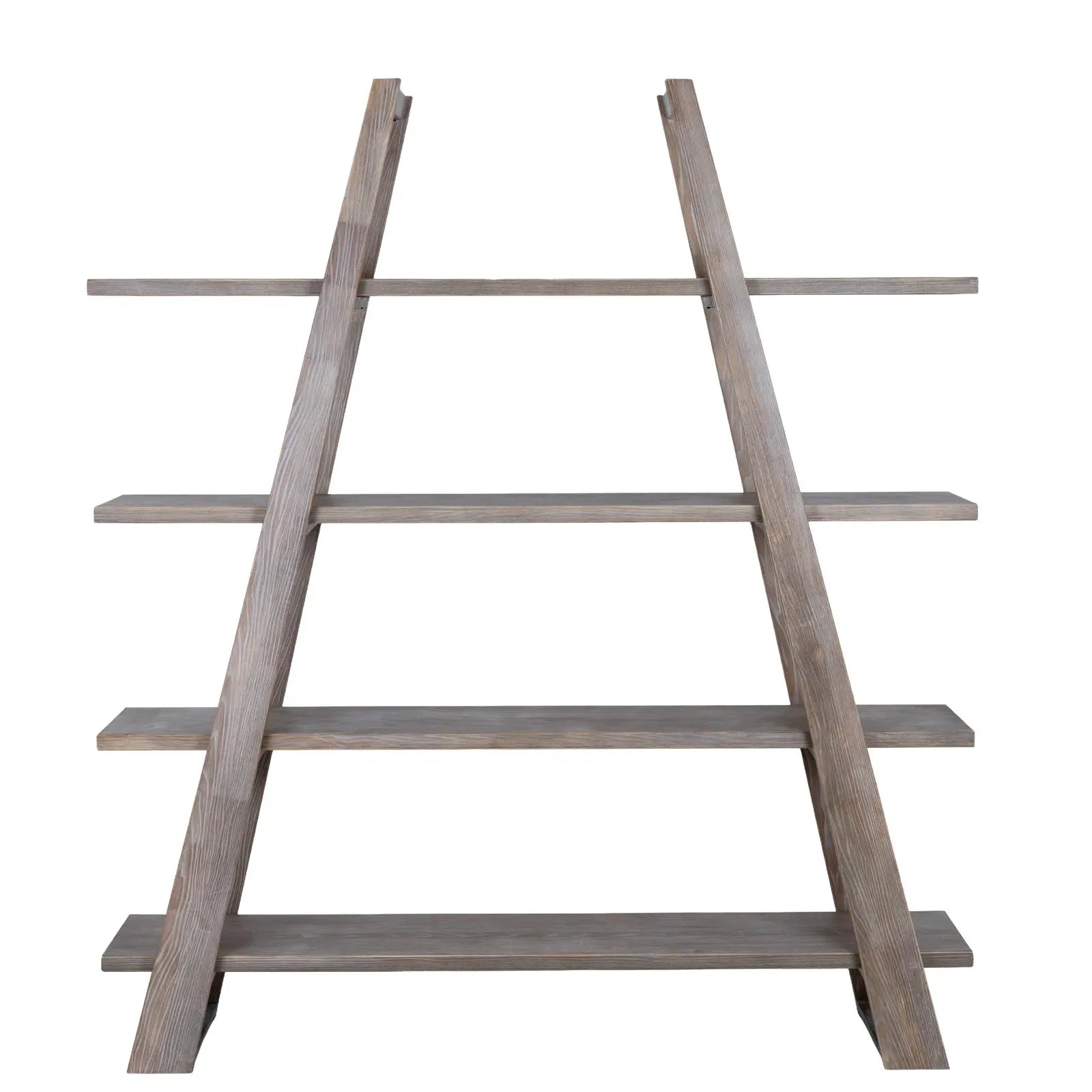 Wooden ladder shelf with five shelves on a white background