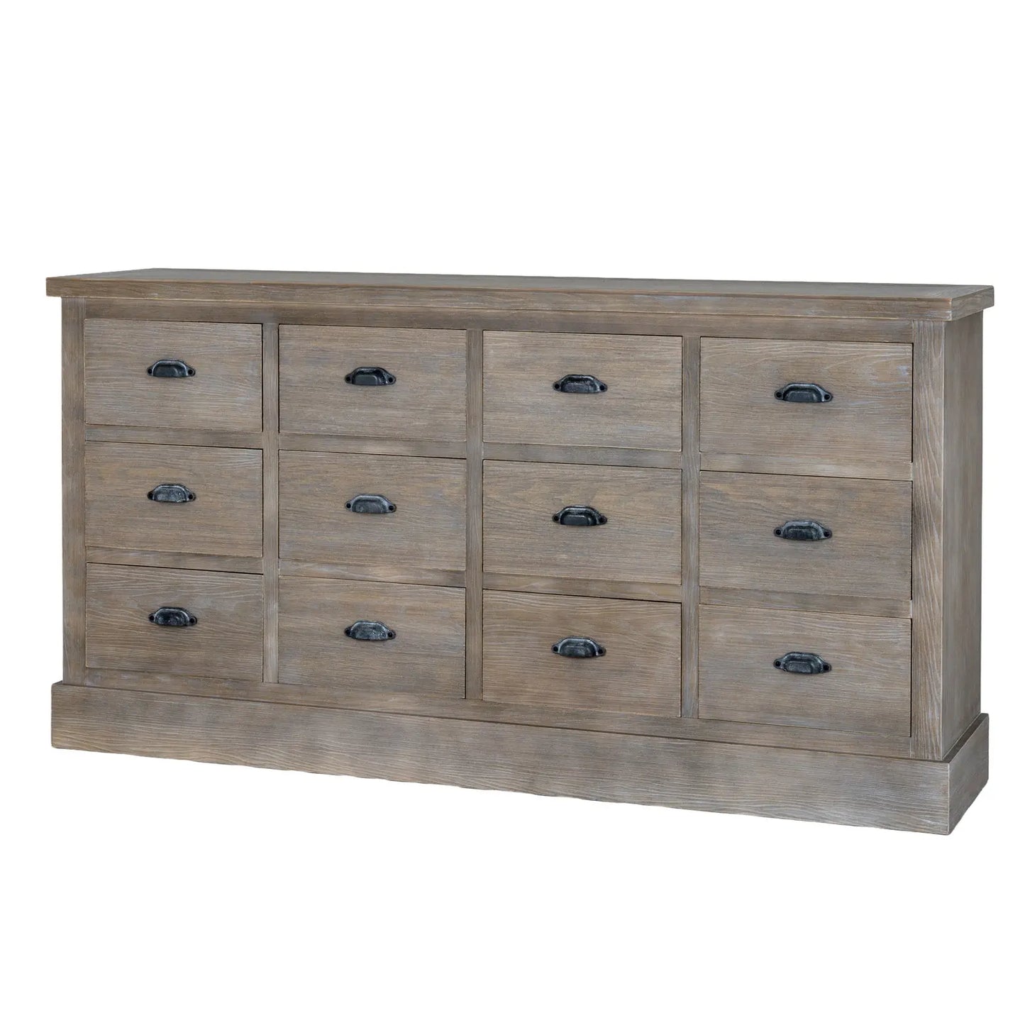 Wooden dresser with multiple drawers on a white background