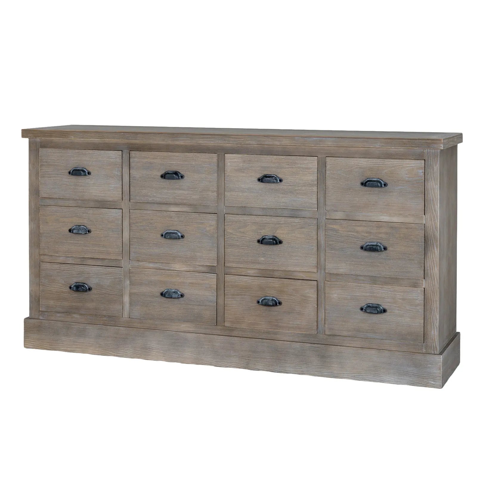 Wooden dresser with multiple drawers on a white background