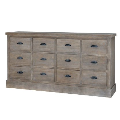 Wooden dresser with multiple drawers on a white background