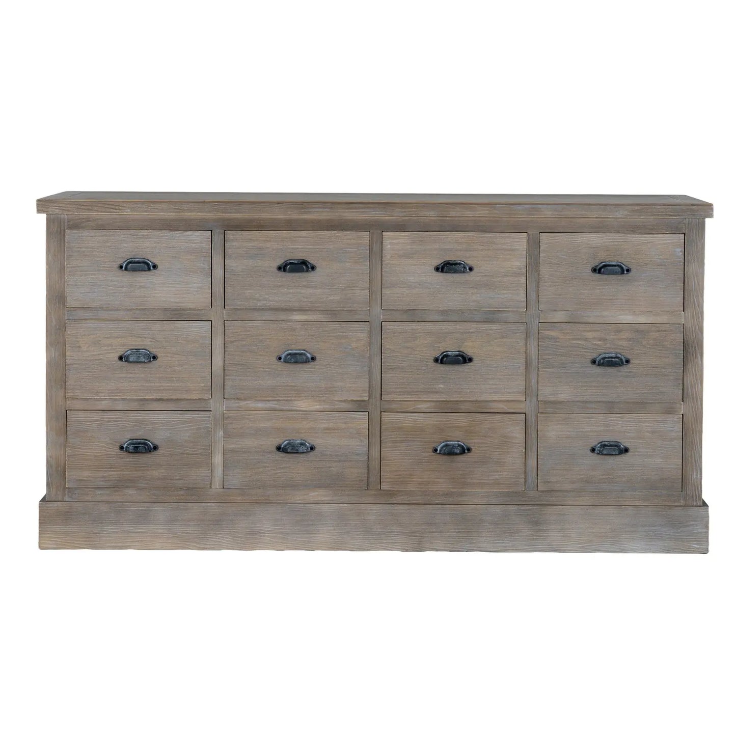 Wooden dresser with multiple drawers on a white background