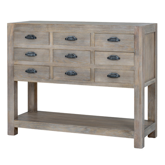 Wooden console table with multiple drawers on a white background
