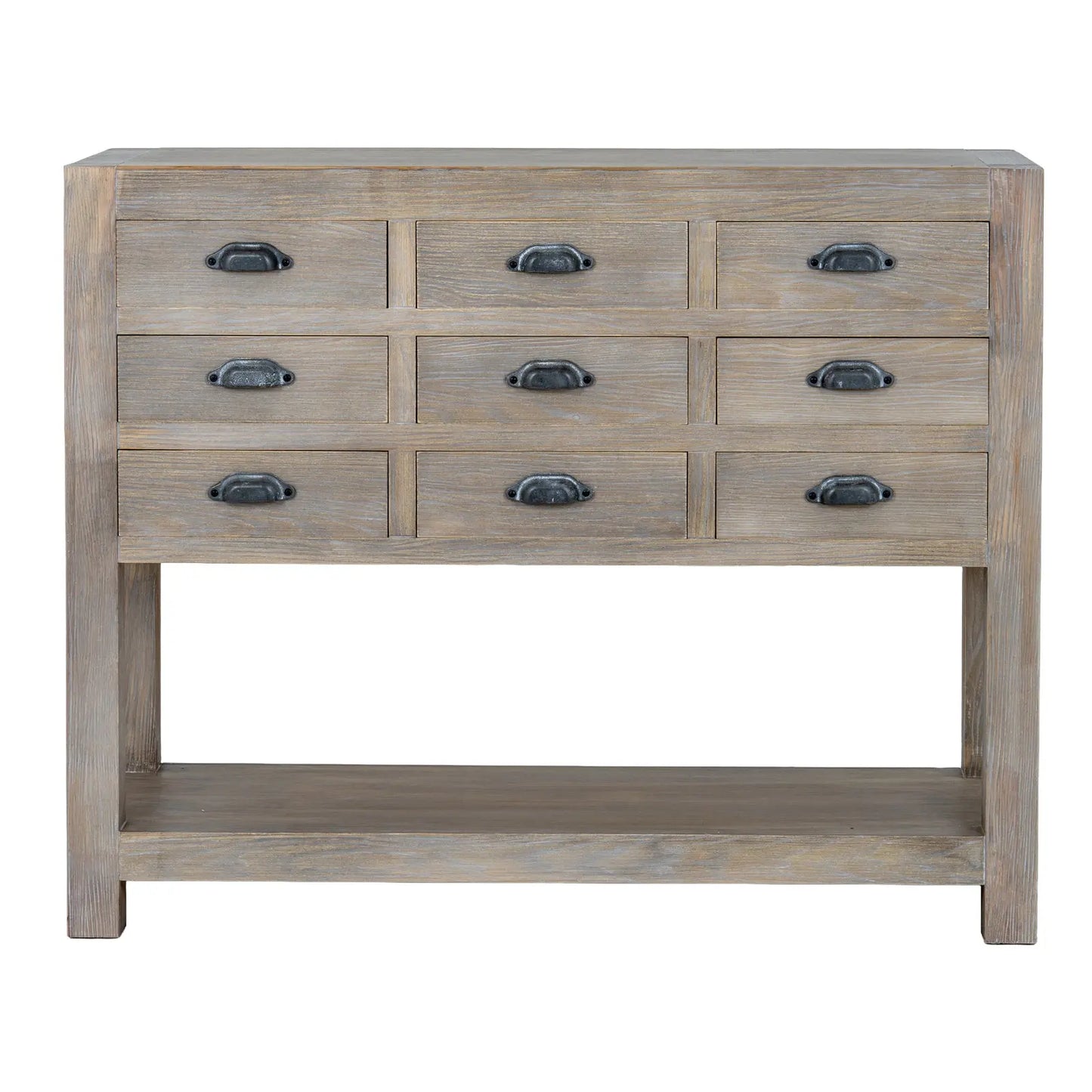 Wooden console table with multiple drawers on a white background
