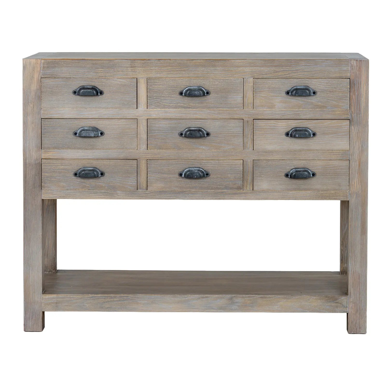Wooden console table with multiple drawers on a white background