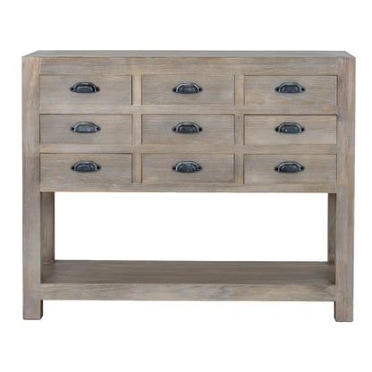 Wooden console table with multiple drawers on a white background