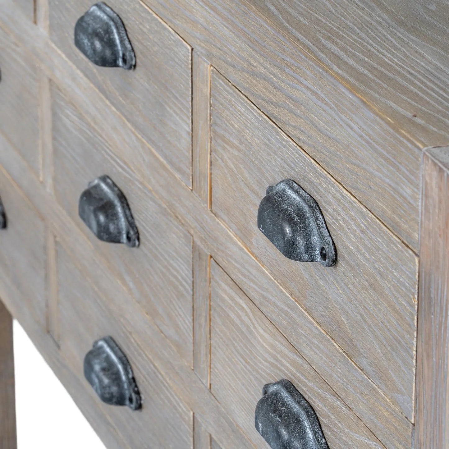 Wooden console table with multiple drawers on a white background