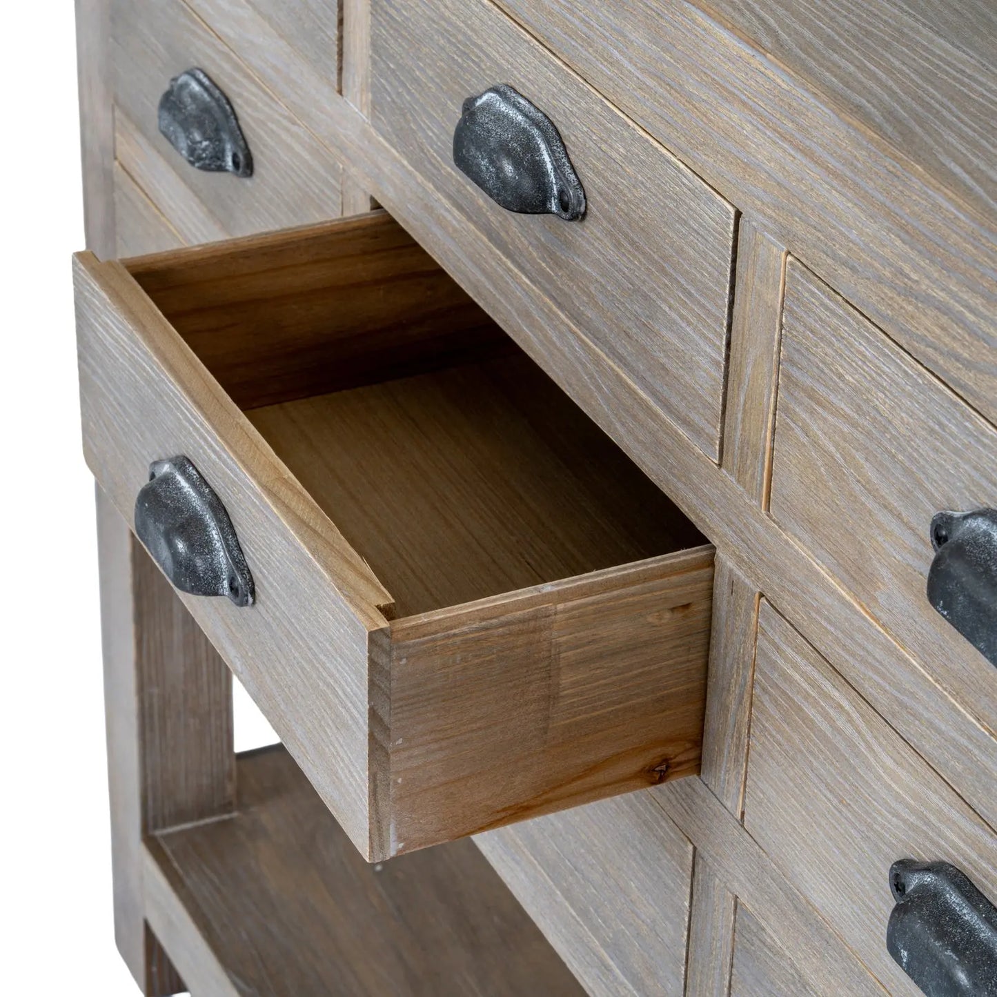 Wooden console table with multiple drawers on a white background