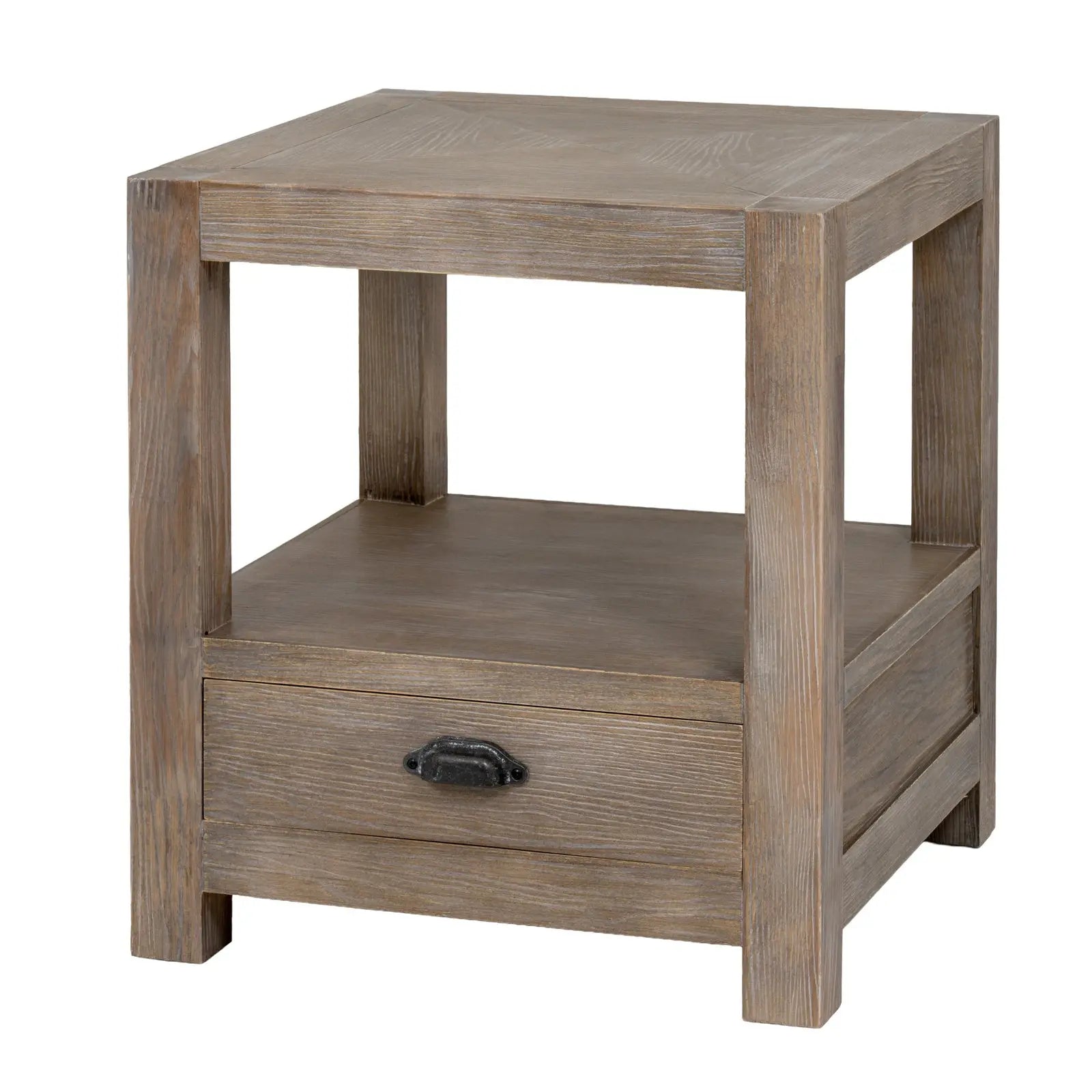 Wooden side table with a drawer on a white background