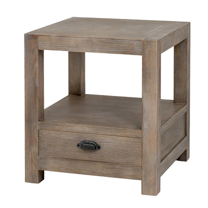 Wooden side table with a drawer on a white background
