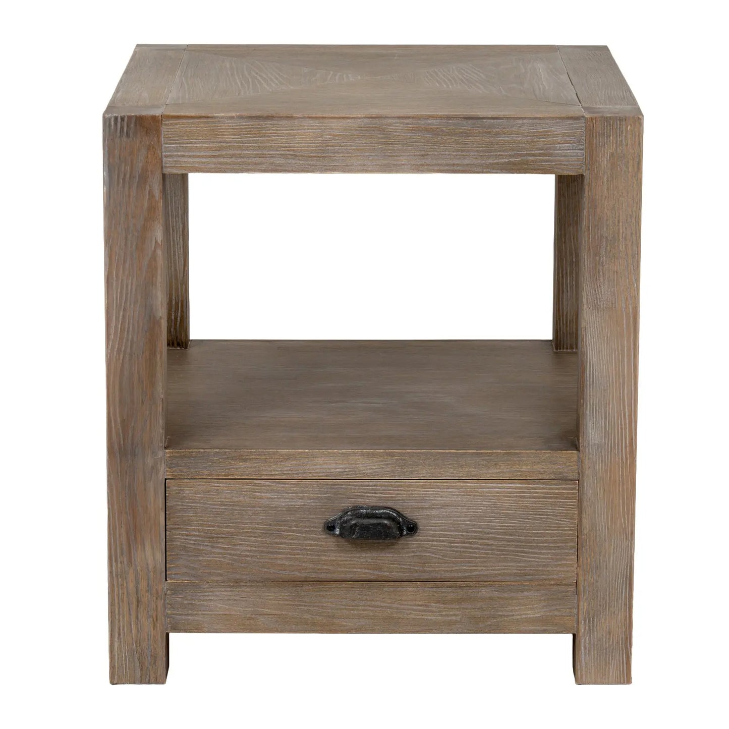 Wooden side table with a drawer on a white background