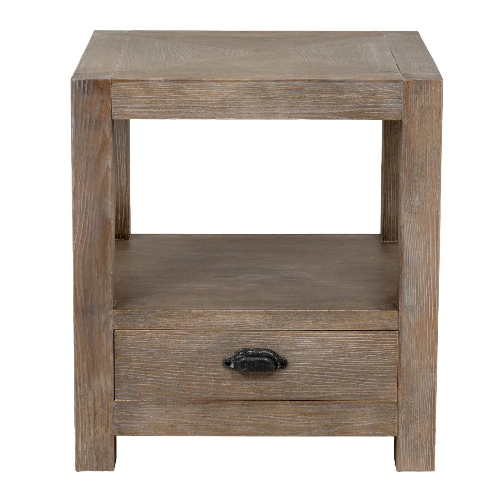 Wooden side table with a drawer on a white background
