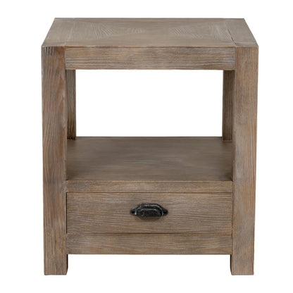 Wooden side table with a drawer on a white background