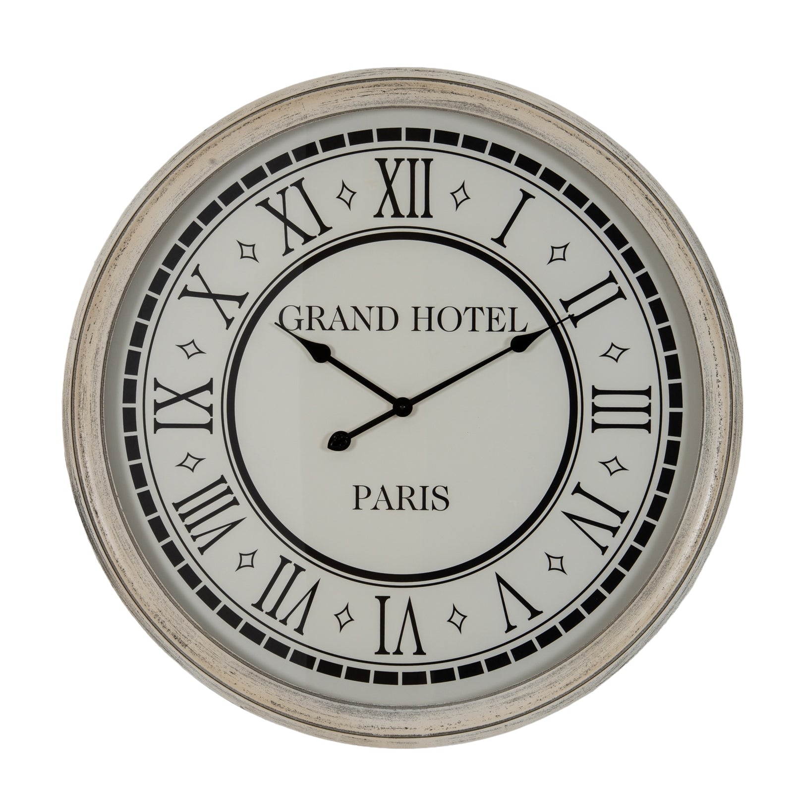Round wall clock with 'Grand Hotel Paris' text on a white background