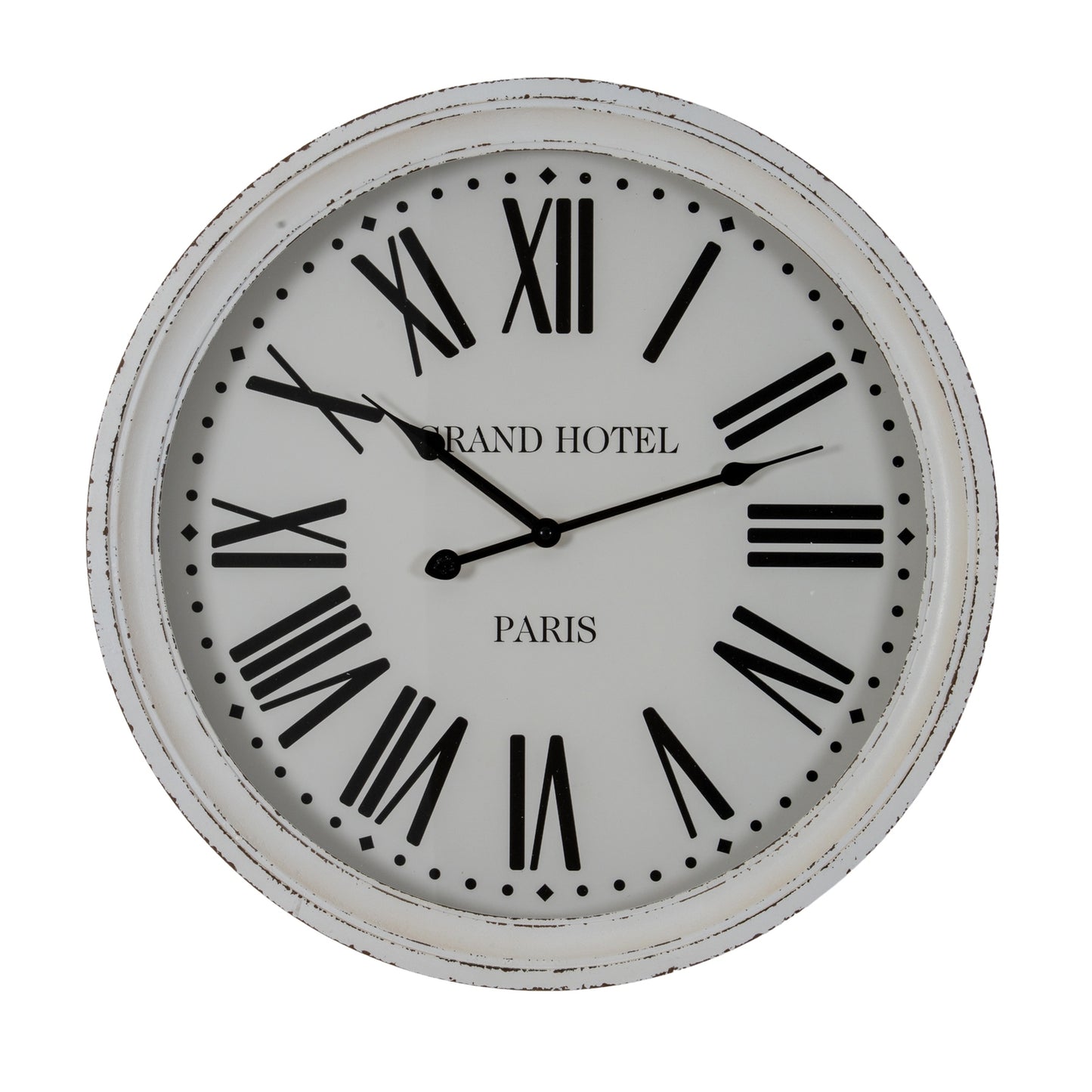 Round wall clock with Roman numeral markings on a white background