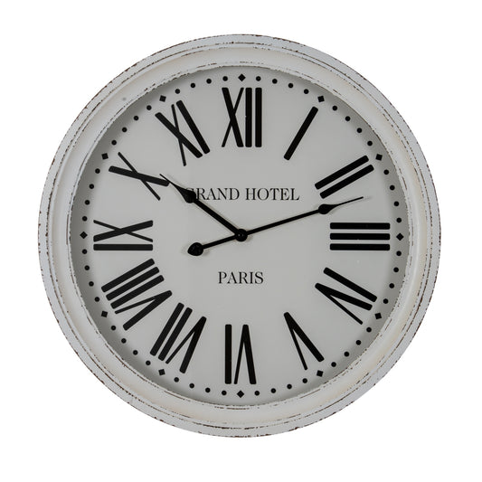 Round wall clock with Roman numeral markings on a white background