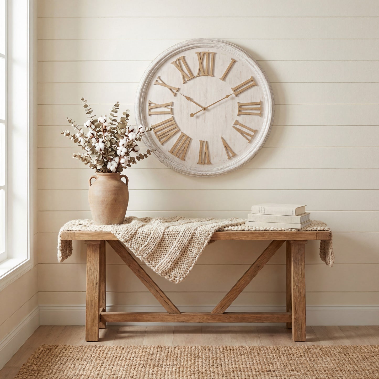 Wooden bench with a vase of flowers and books, large wall clock on the wall.
