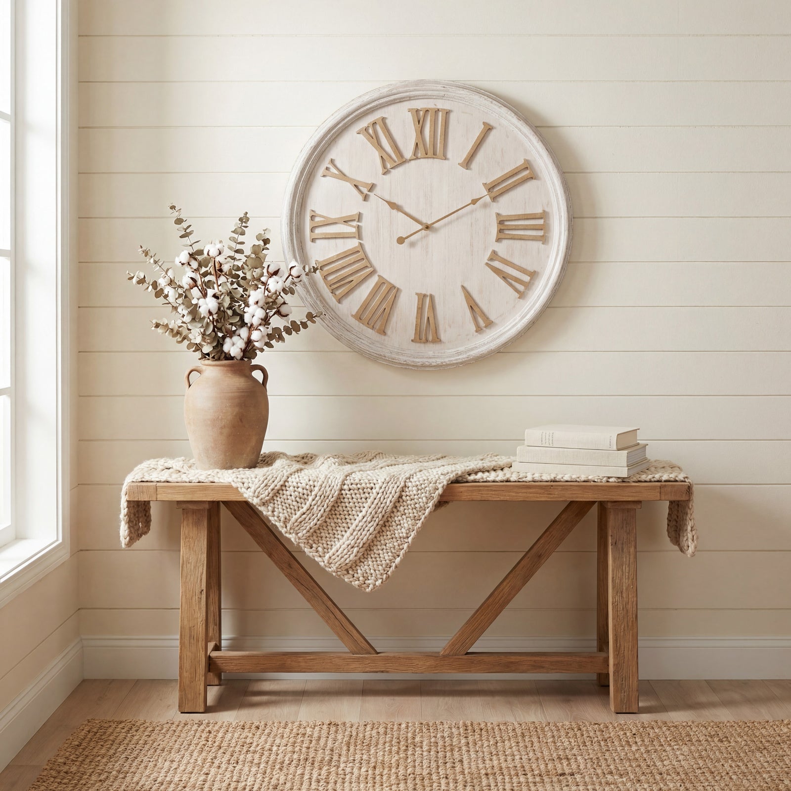 Wooden bench with a vase of flowers and books, large wall clock on the wall.