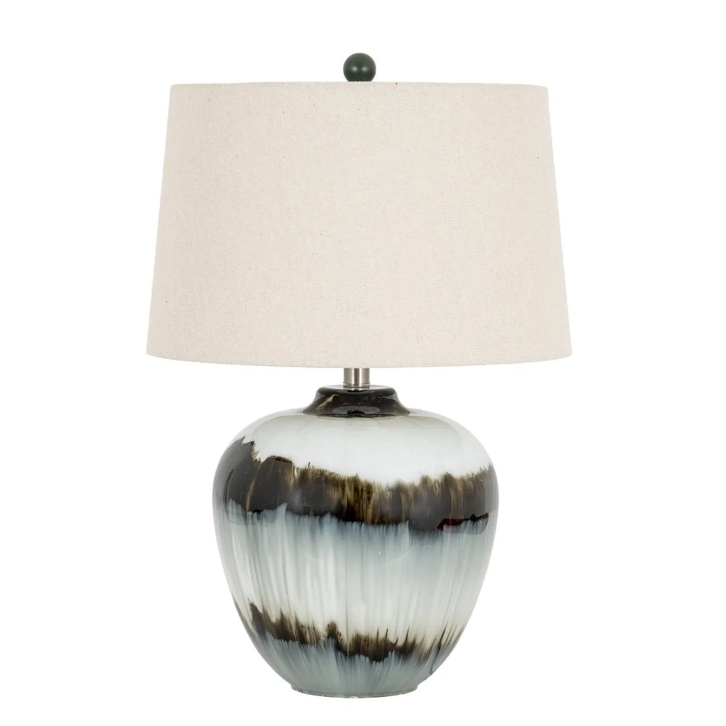 Table lamp with a ceramic base and beige lampshade on a white background