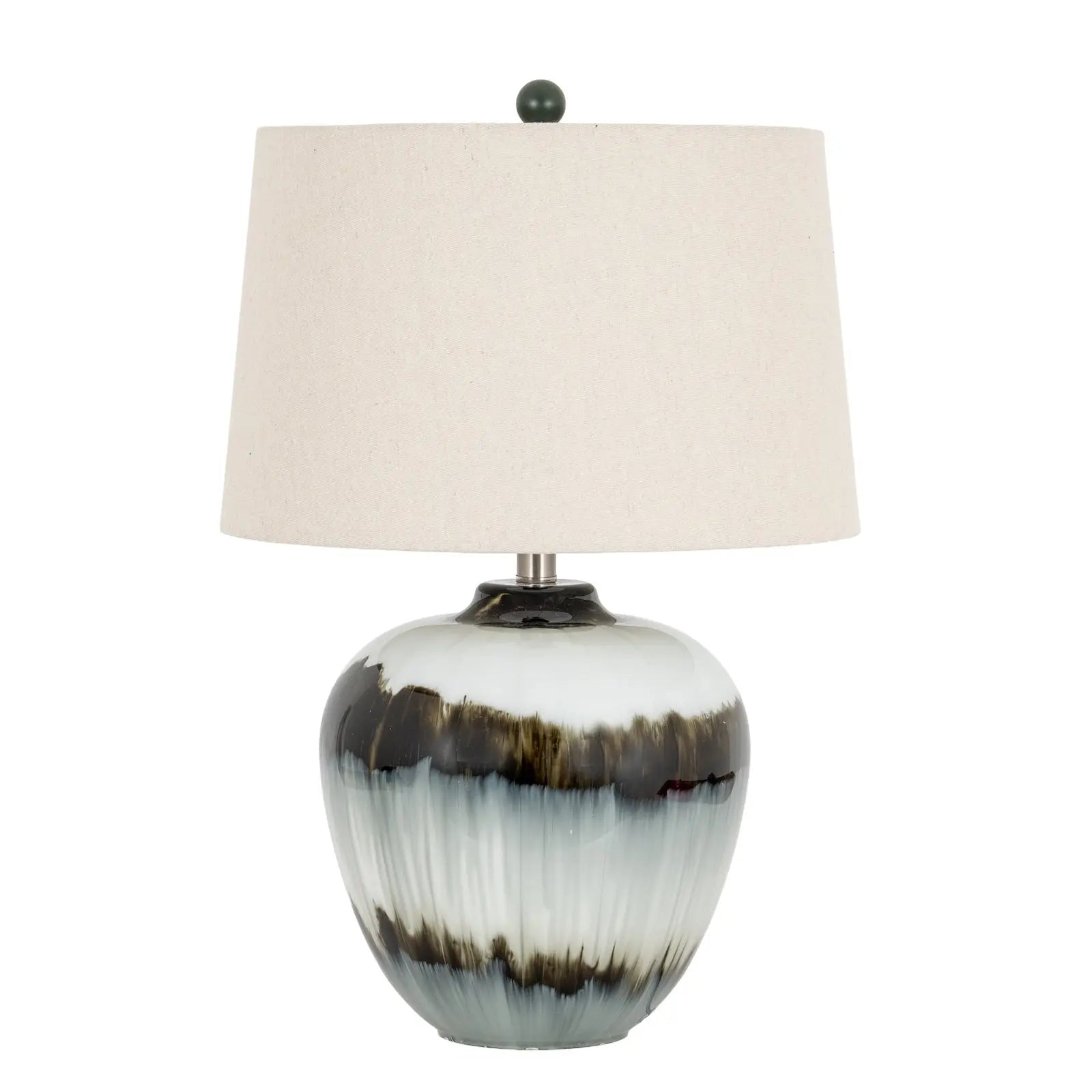 Table lamp with a ceramic base and beige lampshade on a white background