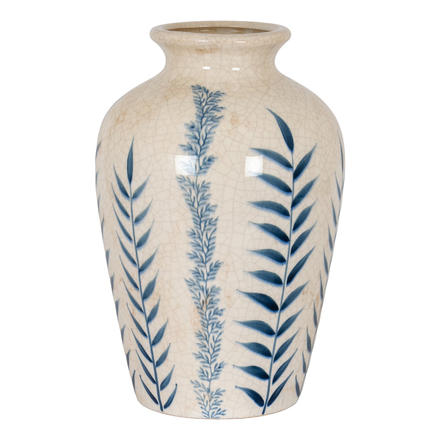 Ceramic vase with blue leaf patterns on a white background