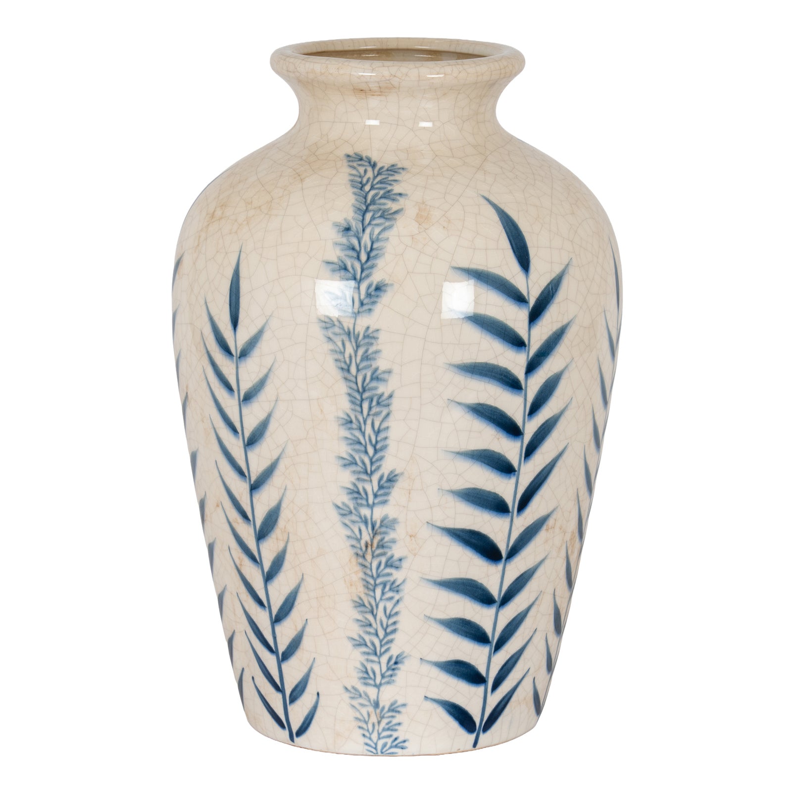 Ceramic vase with blue leaf patterns on a white background