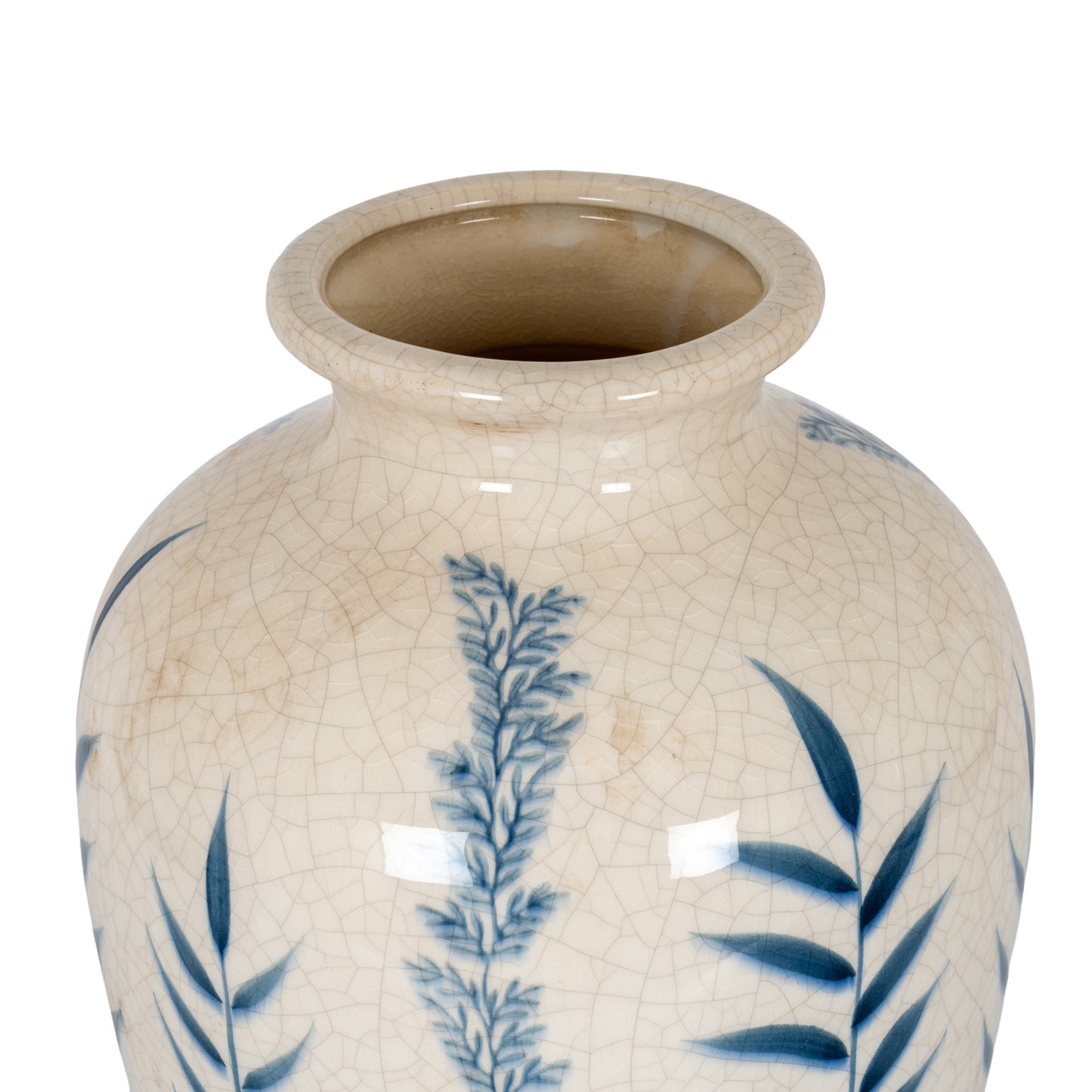 Ceramic vase with blue leaf patterns on a white background