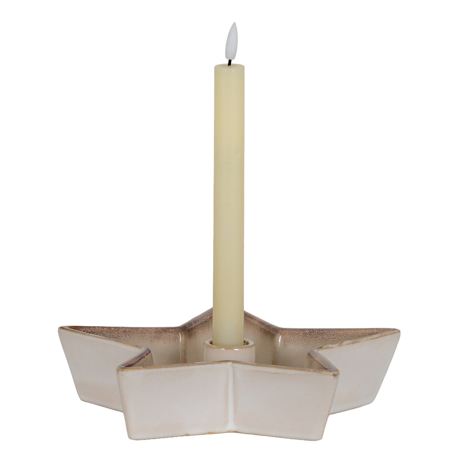 Beige ceramic candle holder with a lit candle on a white background