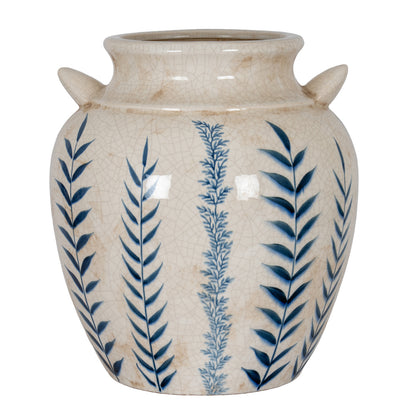 Ceramic vase with blue leaf patterns on a white background
